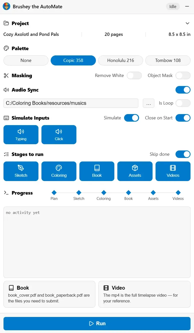 The Brushey the AutoMate dashboard with palette, audio, stage selection, and the Run button