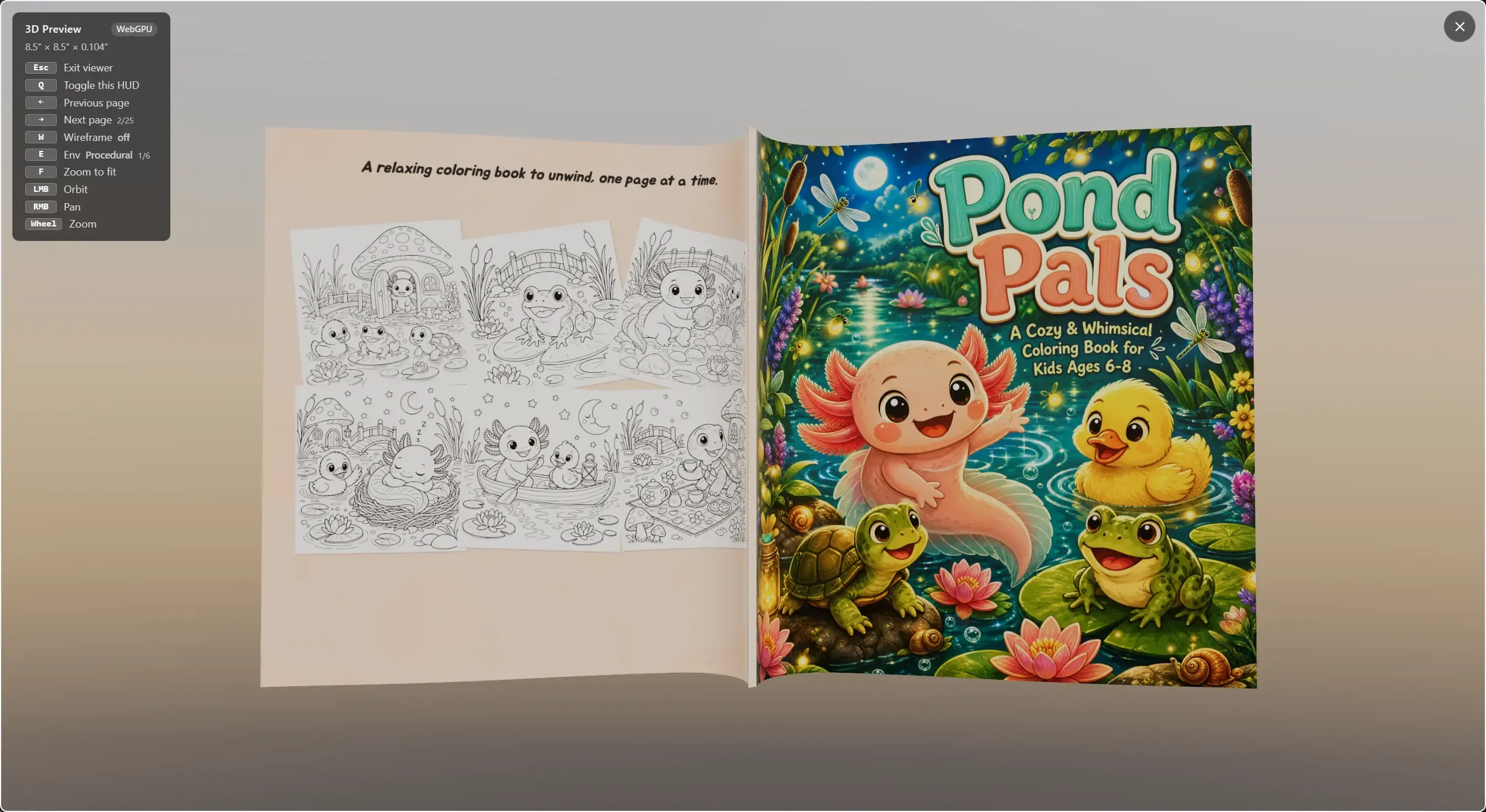 The 3D preview opening the book at its real 8.5×8.5-inch size