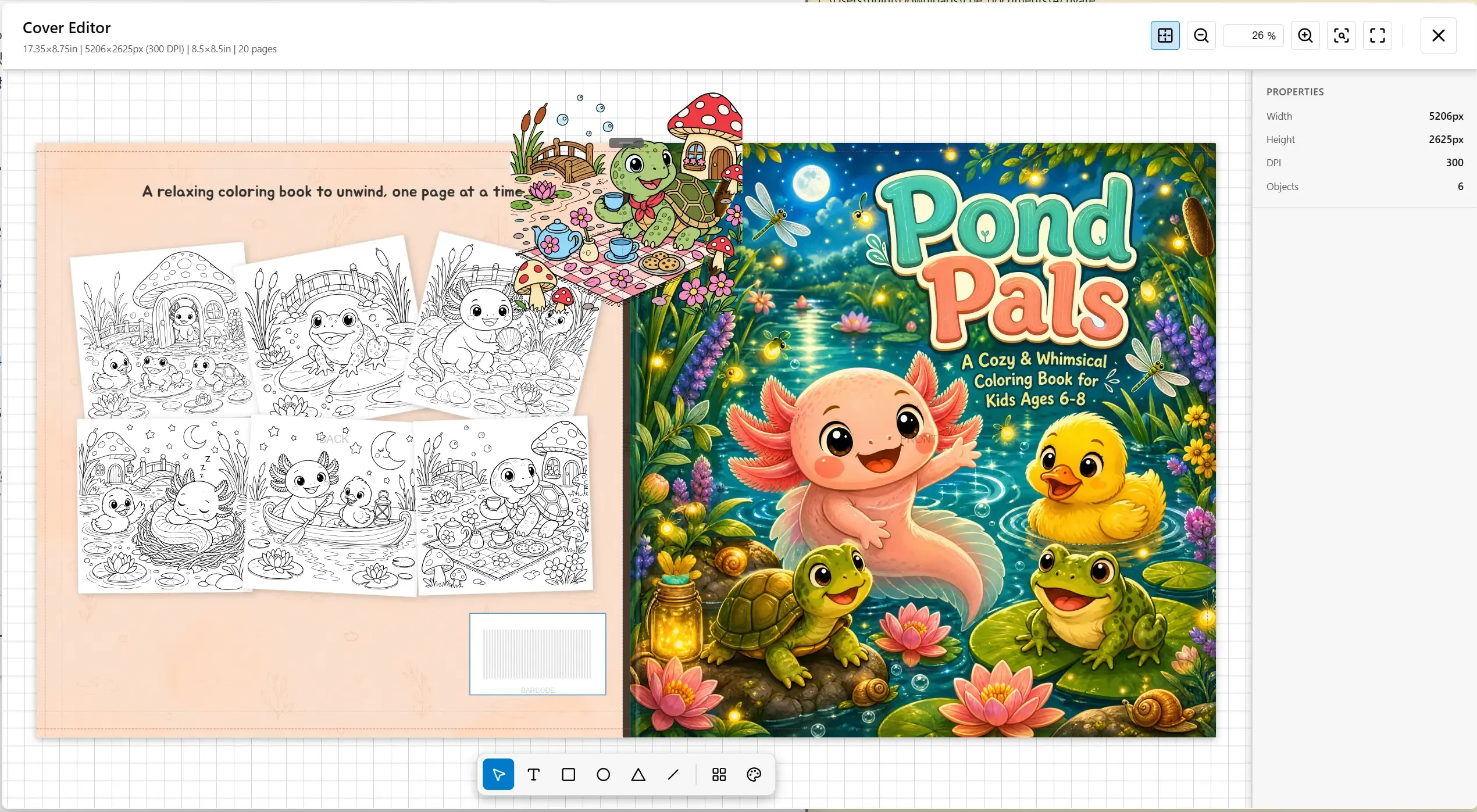 The Cover Editor with a finished Pond Pals cover — back-cover page collage, barcode area, and the front hero art