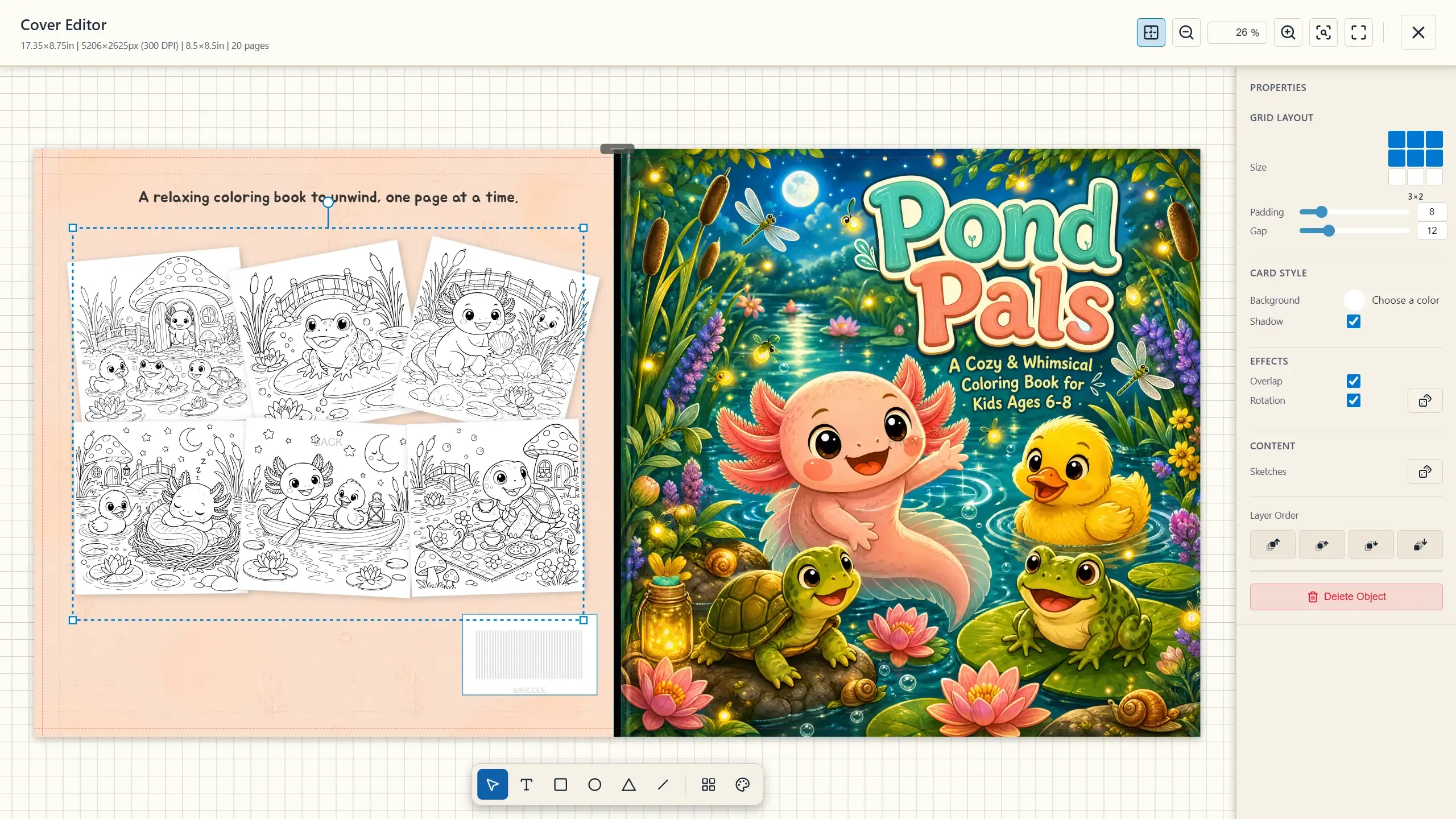 Tamamlanmış bir Pond Pals kapağıyla Cover Editor — arka kapak sayfa kolajı, barkod alanı ve ön kapak kahraman görseli