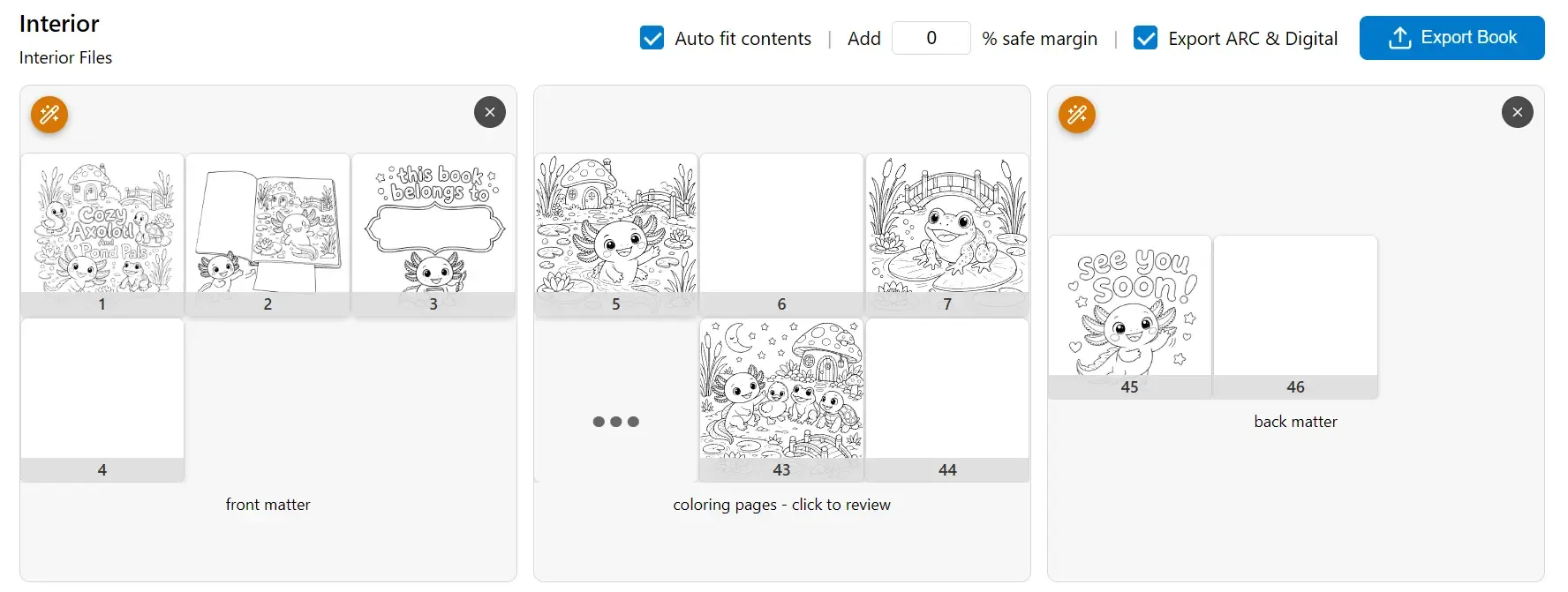 The Interior section: front matter, coloring pages, and back matter cards with the export controls