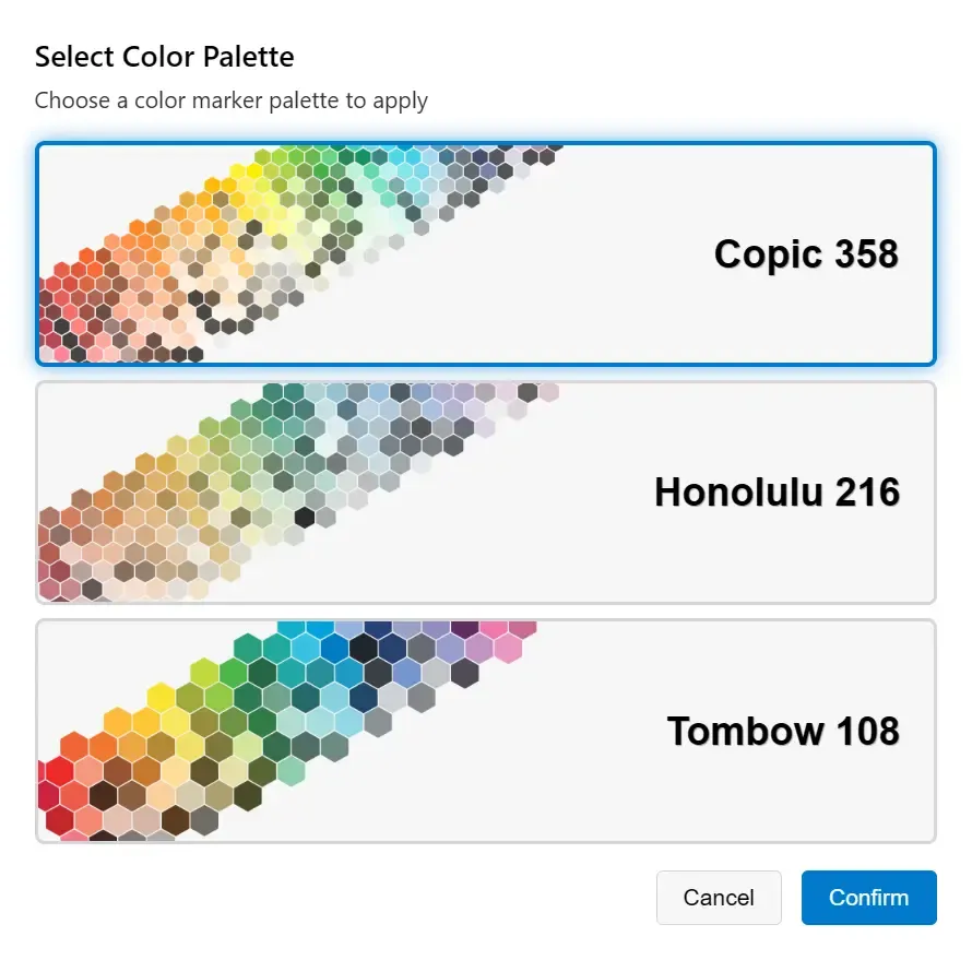 The Select Color Palette dialog with Copic 358, Honolulu 216, and Tombow 108