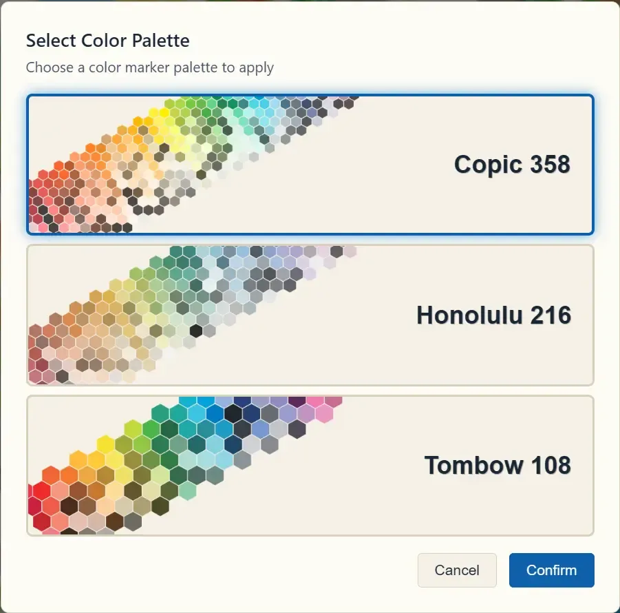 مربّع حوار Select Color Palette مع Copic 358 وHonolulu 216 وTombow 108