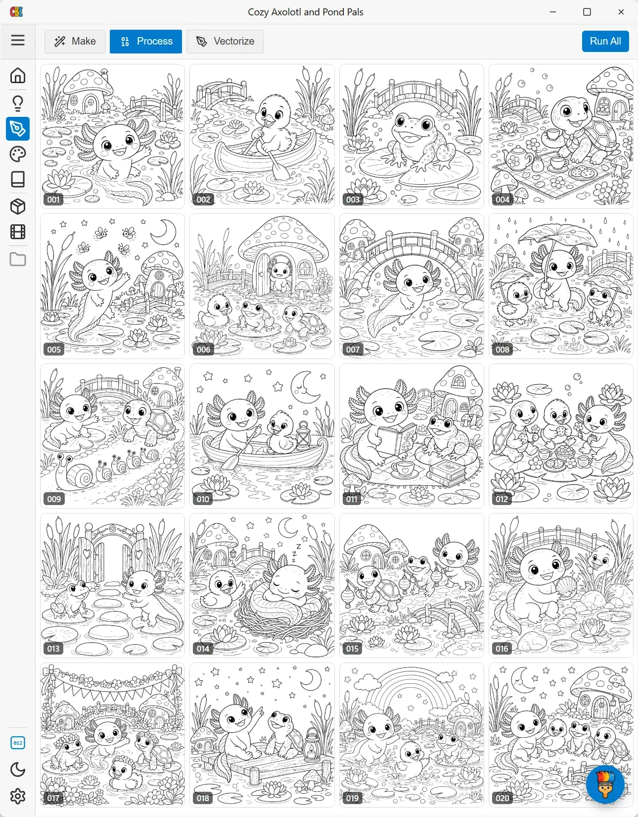 The page grid — every numbered card is one coloring page of the book