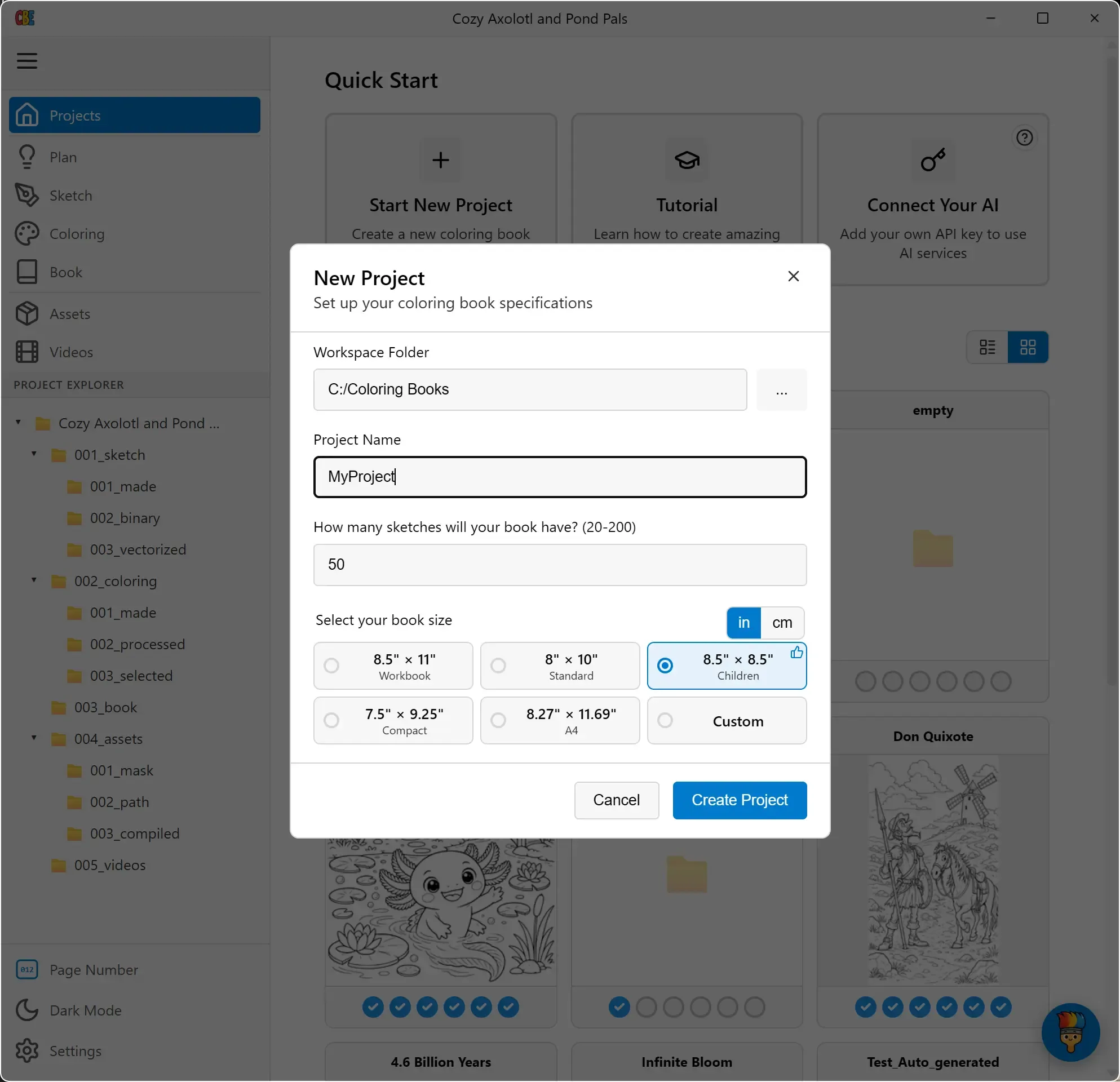 The New Project dialog — workspace folder, project name, page count, and KDP book-size presets