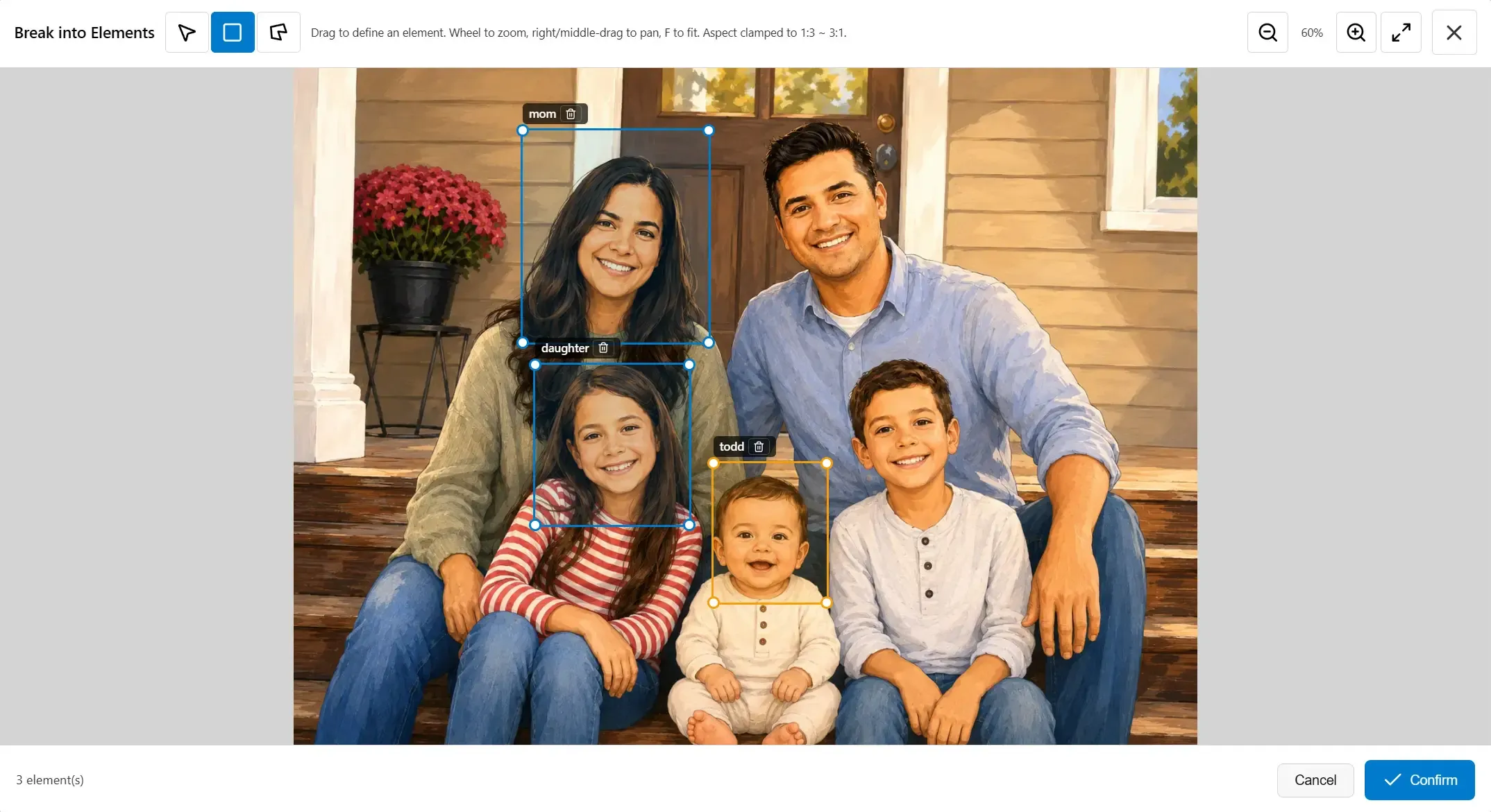 The Break into Elements dialog with three subjects boxed and named in a family photo