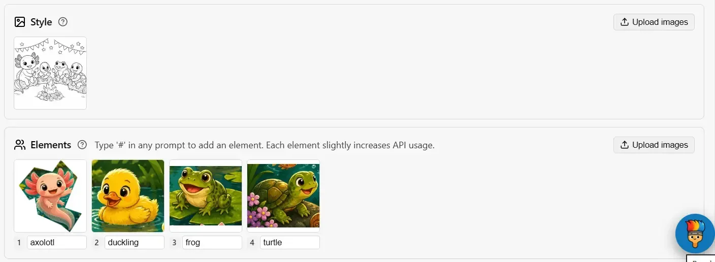The Image Pool with a style image and four named elements — axolotl, duckling, frog, turtle