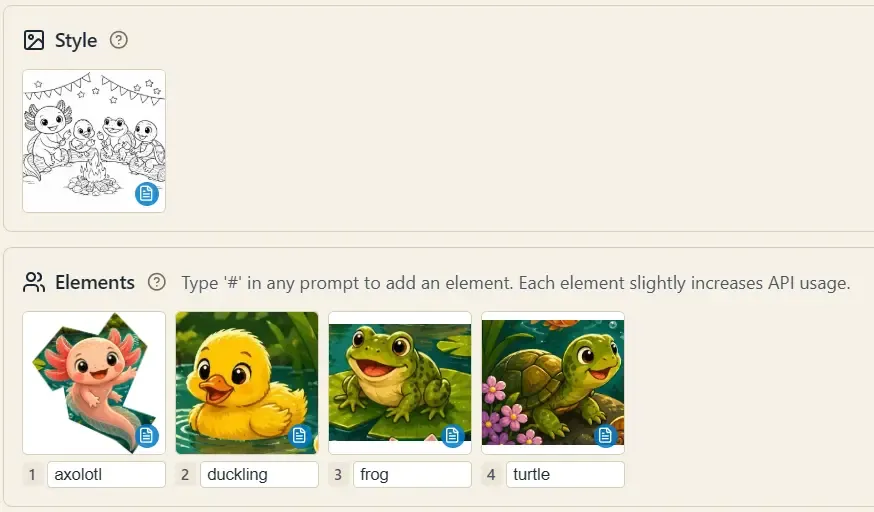 Bir stil görüntüsü ve dört adlandırılmış öğe (axolotl, duckling, frog, turtle) içeren Image Pool