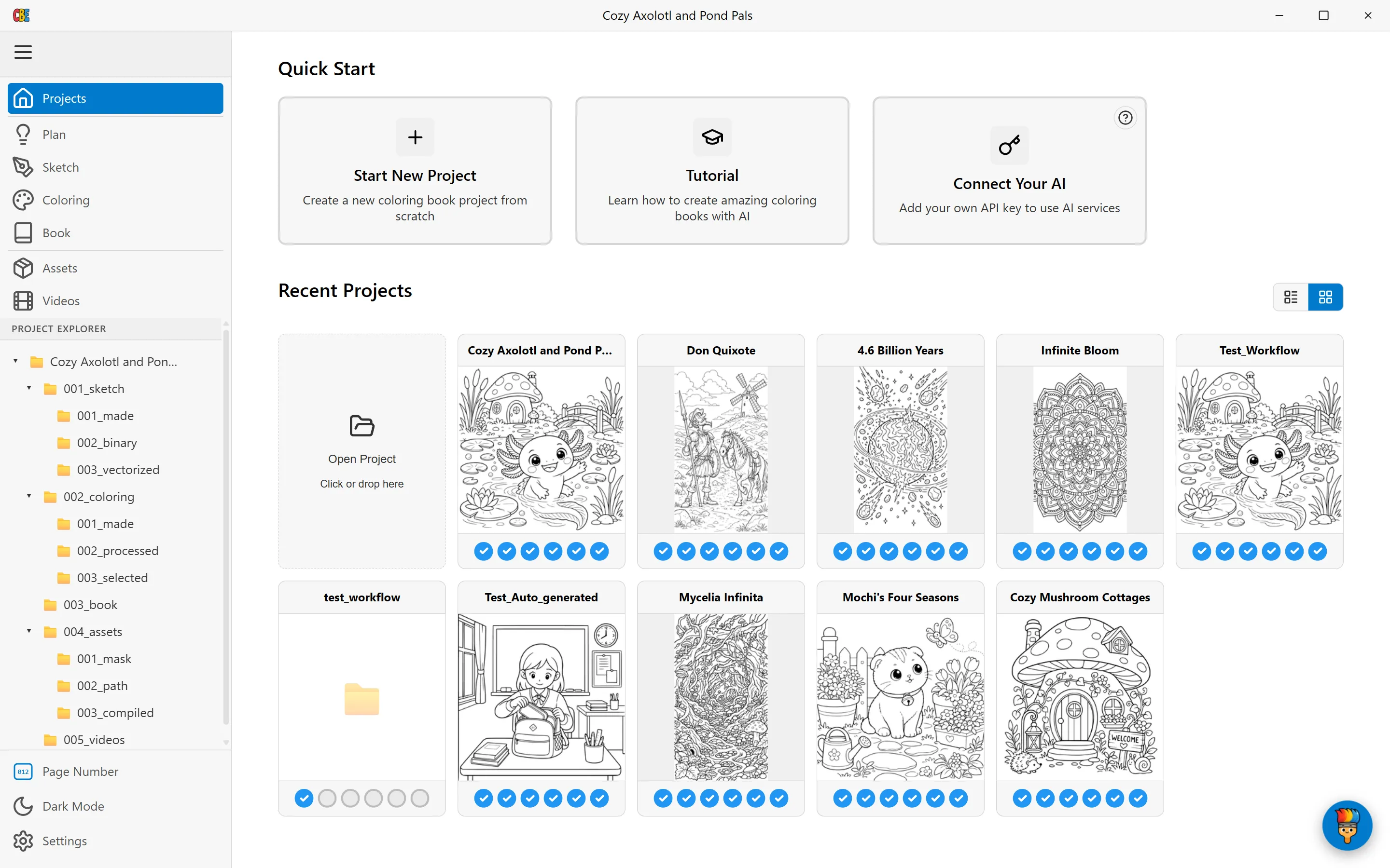 The Projects screen with Quick Start cards and recent projects