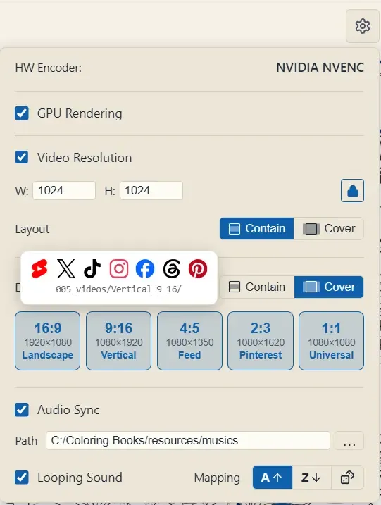 لوحة إعدادات عرض الفيديو — HW Encoder وGPU Rendering وVideo Resolution (Contain/Cover) وبطاقات نسب Export for social (16، 9، 4، 2، 1) وAudio Sync